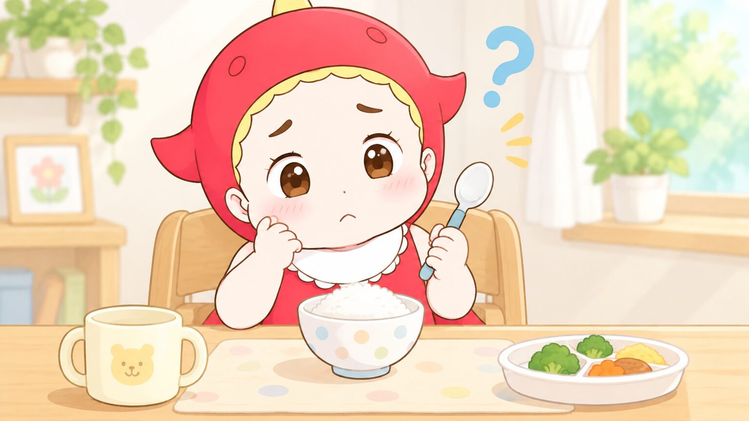 食卓でスプーンを持ちながら白いごはんを不思議そうに見つめる2歳くらいの子ども、自然光の入るダイニング