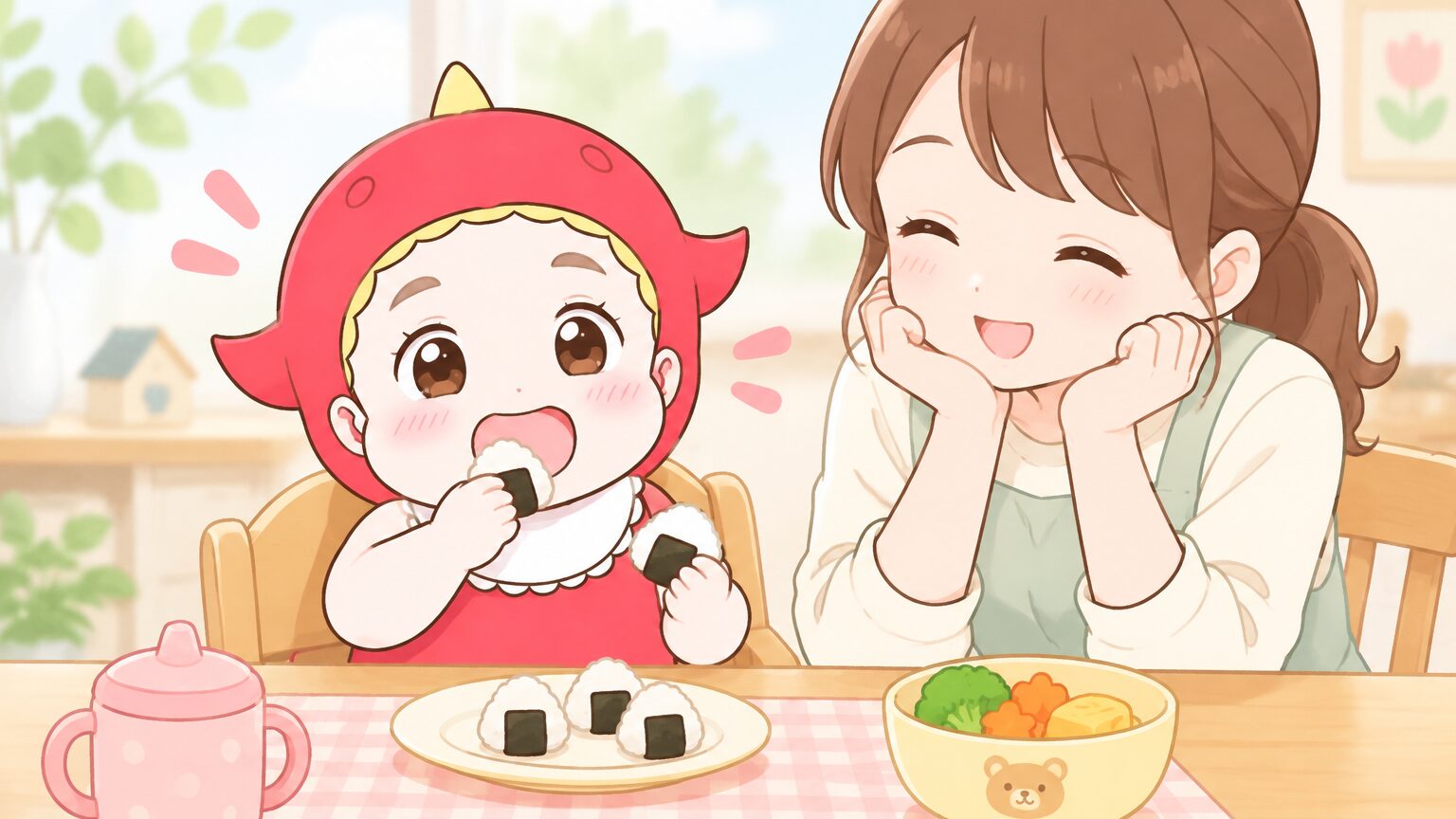 小さなおにぎりを手づかみで食べる2歳児と、隣で笑顔で見守る母親のあたたかい食卓シーン