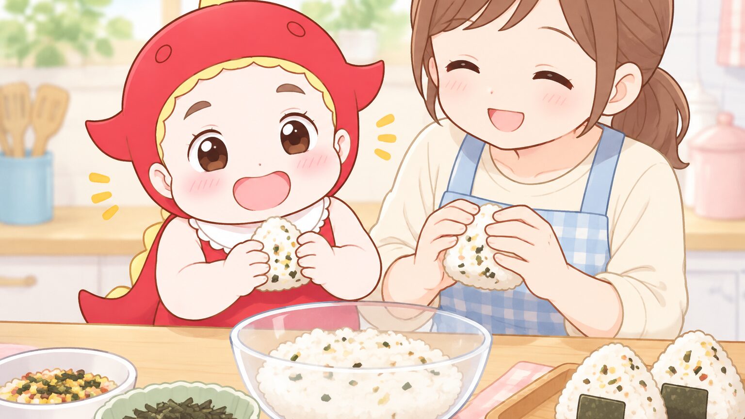 キッチンでふりかけや海苔を使ったおにぎりを一緒に握る親子の手元アップ