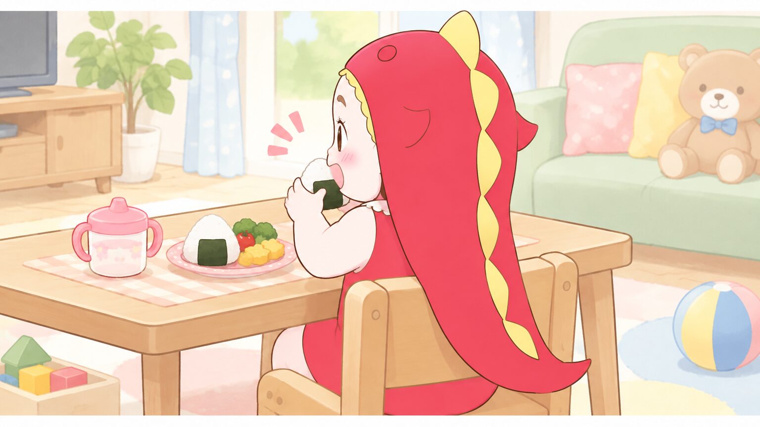 リビングのテーブルで小さな手でおにぎりを持ち、自分で食べようとする2歳児の後ろ姿