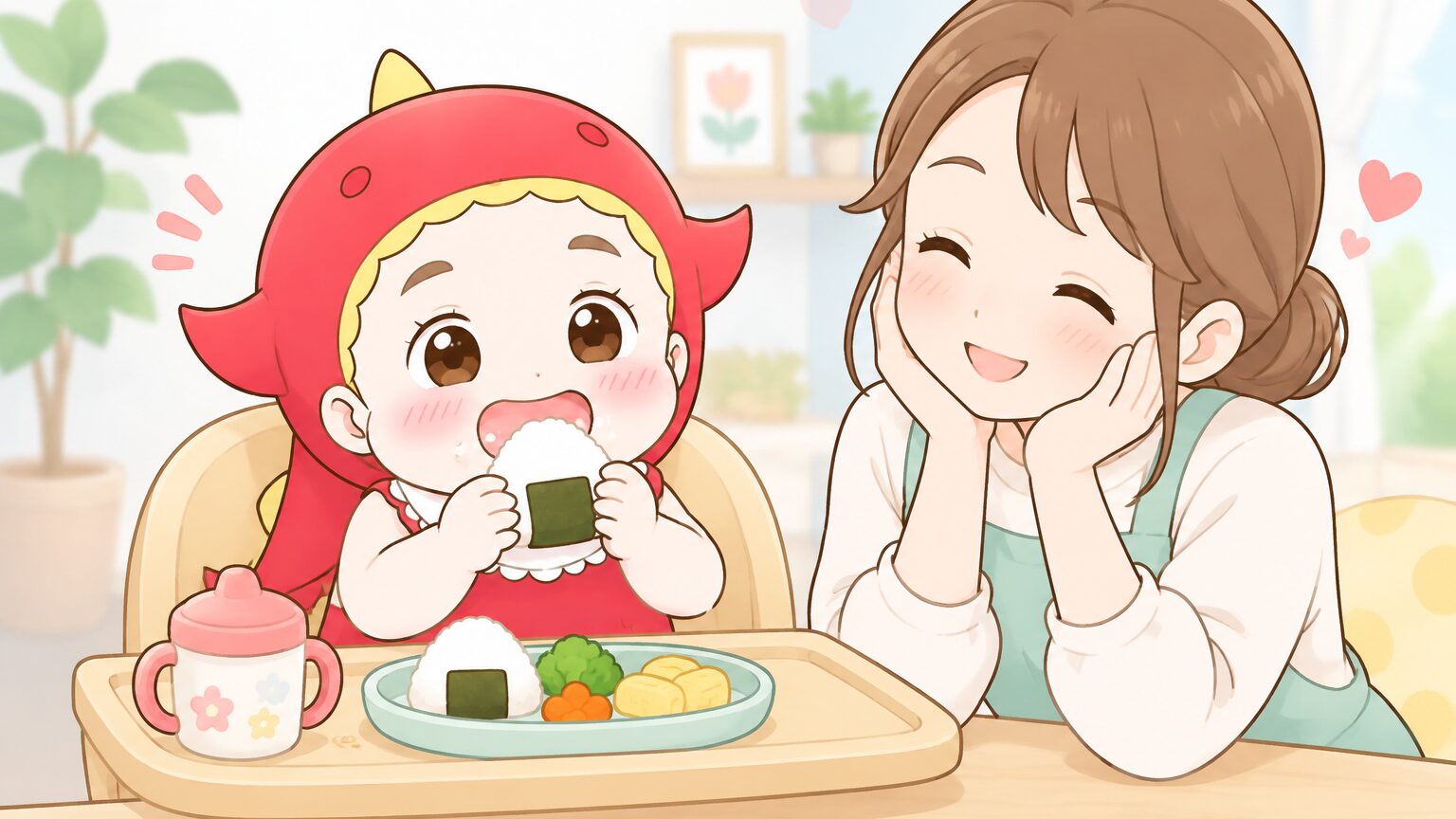 ベビーチェアに座って両手でおにぎりを持ち、笑顔で食べる2歳くらいの子どもと見守る親