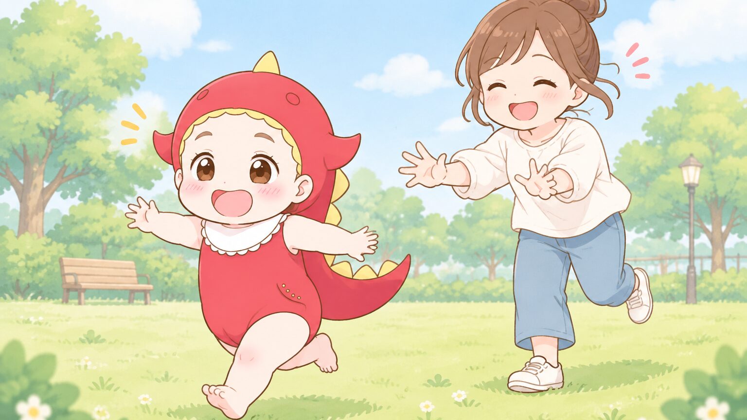 公園の広場で笑顔で走り回る3歳くらいの子どもと追いかける母親