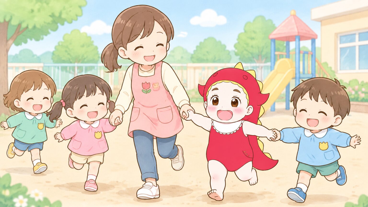 保育園の園庭で保育士と手をつないで鬼ごっこの練習をする複数の3歳児