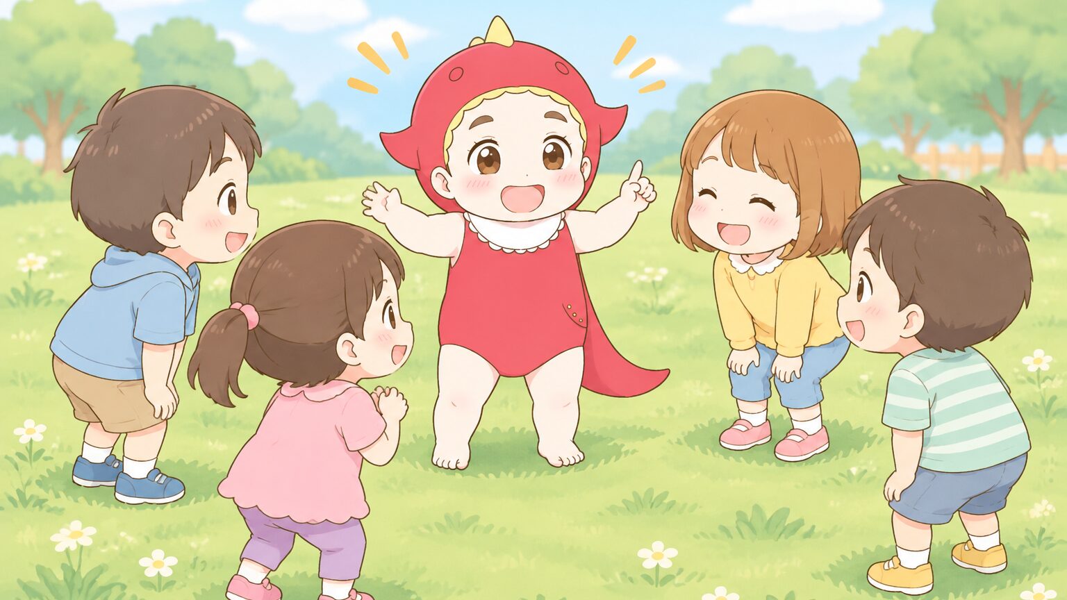 芝生の広場で数人の子どもたちが輪になって鬼ごっこのルールを確認している様子