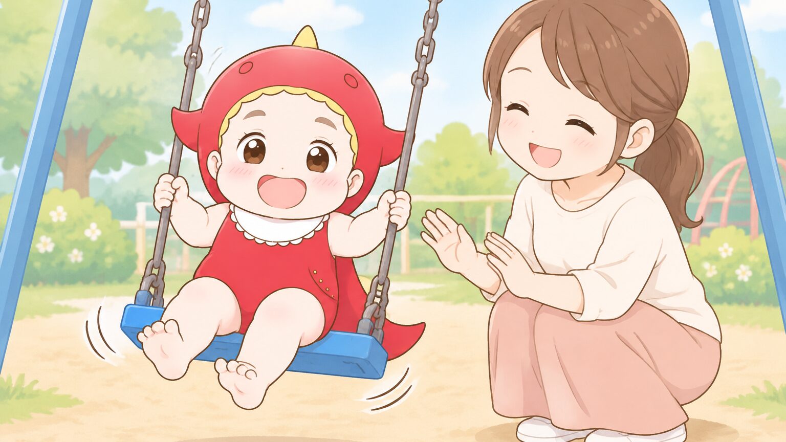 公園のブランコに座って足をこいでいる3歳くらいの女の子と、隣で見守る母親の笑顔