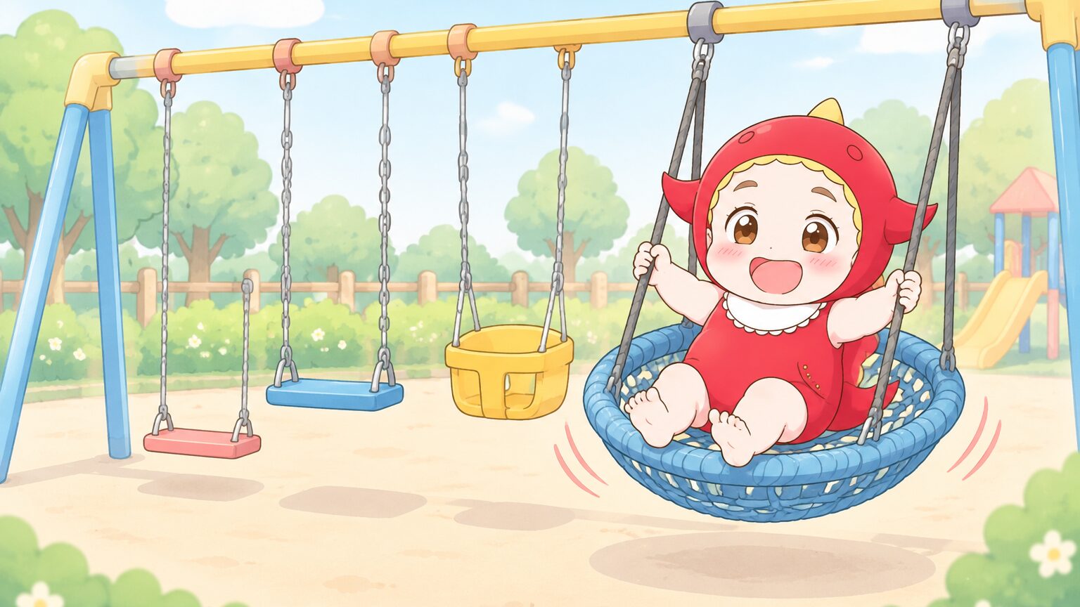 公園に設置された高さの異なる複数のブランコと、かご型ブランコに座る幼児
