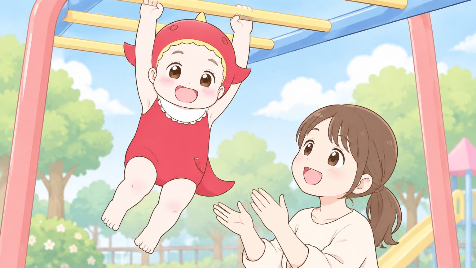 公園のうんていに両手でぶら下がりながら笑顔を見せる3歳くらいの女の子と、下から見守る母親