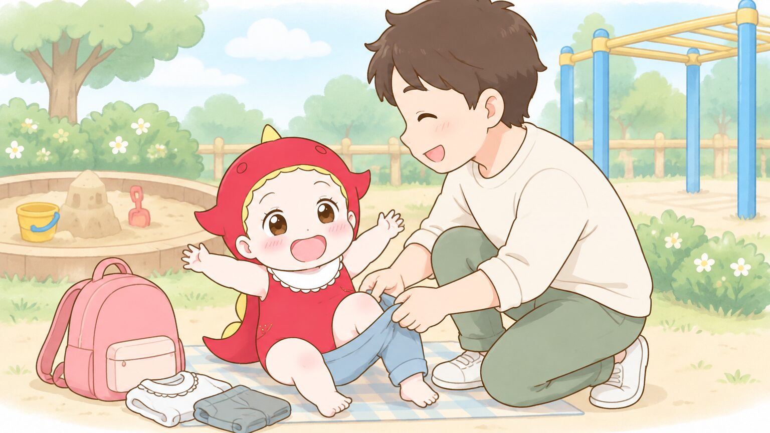 公園の砂場付近でリュックを下ろし、フードのない動きやすい服に着替えさせる父親と子ども