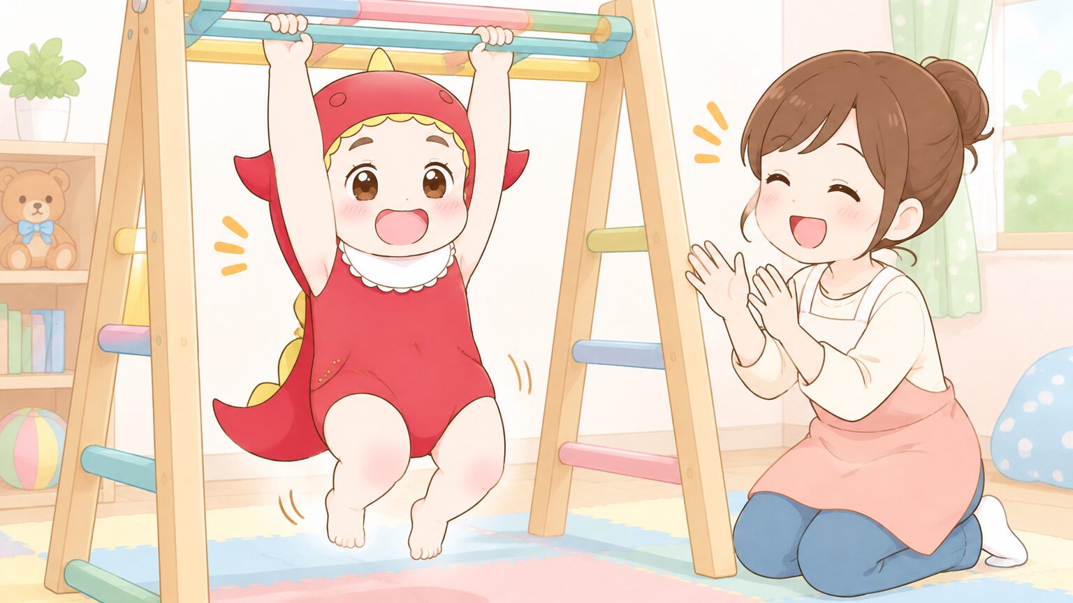 室内用のミニうんていにぶら下がって練習する子どもと、隣でタイミングよく声をかける母親の様子