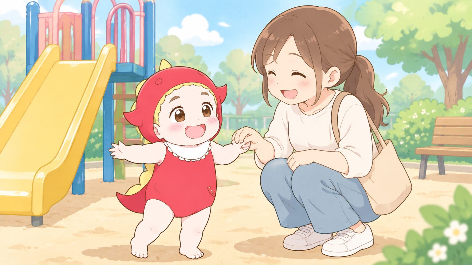 晴れた公園で親子がすべり台の前で手をつなぎ笑顔で話している様子