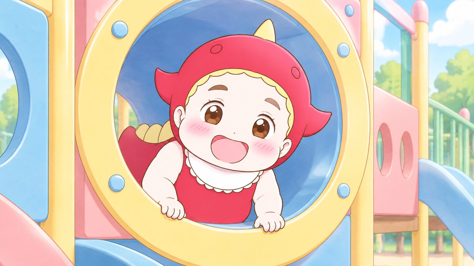 カラフルな複合遊具のトンネル部分から顔を出して笑う3歳くらいの子ども