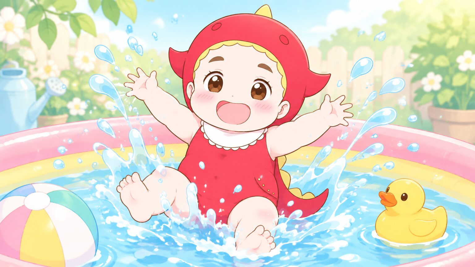 ビニールプールで満面の笑みを浮かべながら水しぶきを上げて遊ぶ3歳くらいの子ども