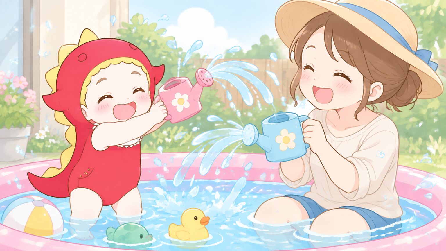 浅いビニールプールでじょうろを使って水をかけ合う親子の楽しそうな様子
