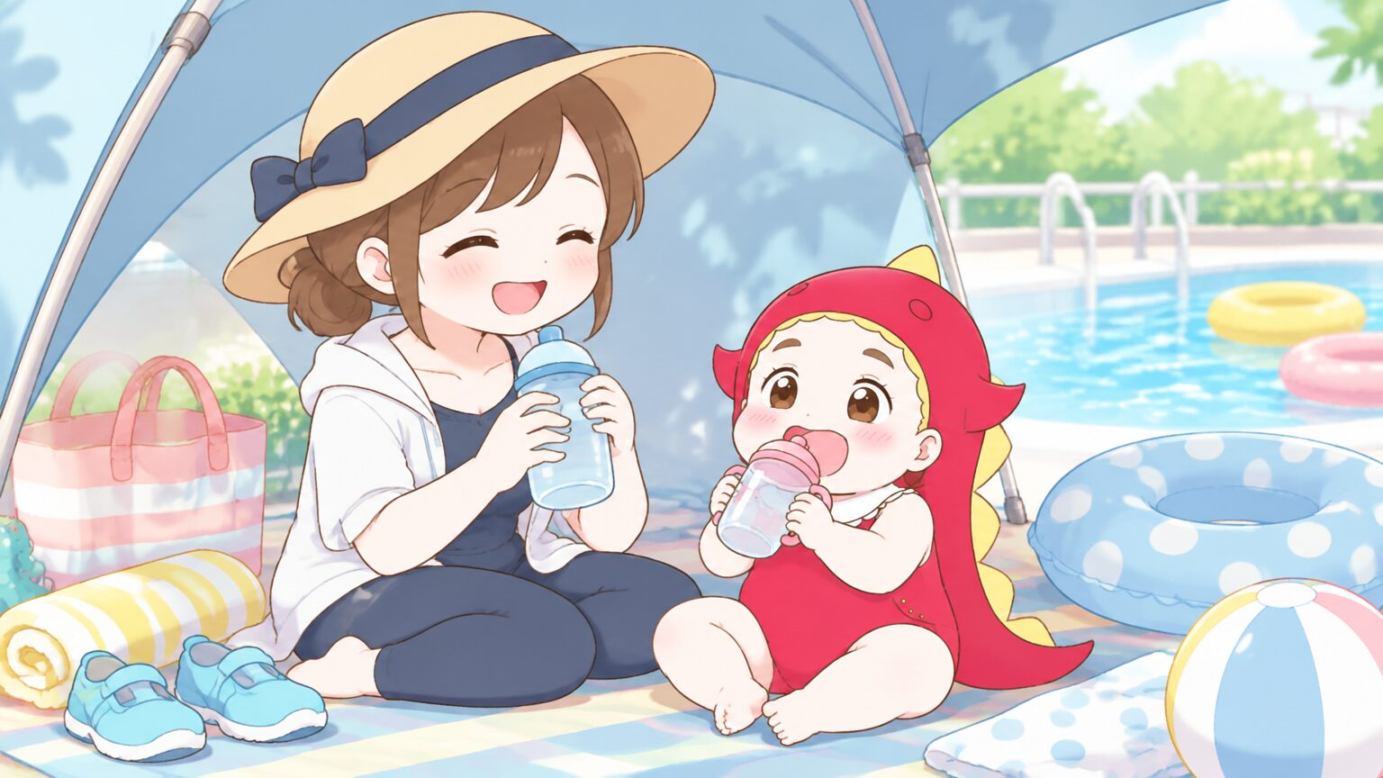 日陰のテントの下で水分補給をしながら休憩する親子とプールセット