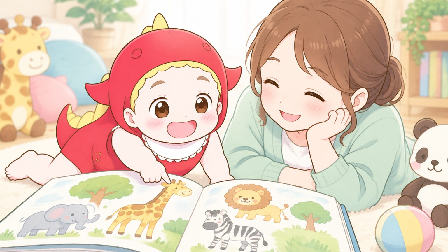 動物図鑑を広げてキリンのページを指差す3歳くらいの女の子と、隣で優しく微笑む母親