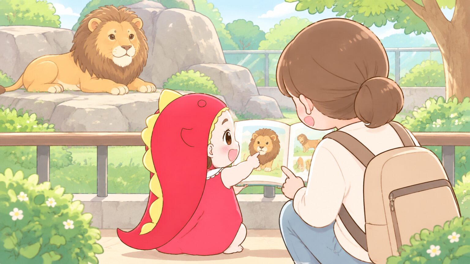 動物園のライオン舎の前で図鑑を見比べながら会話する親子の後ろ姿