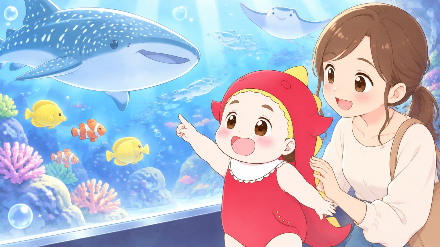 水族館の大きな水槽の前で目を輝かせながら魚を指差す3歳くらいの女の子と、隣で優しく見守る母親
