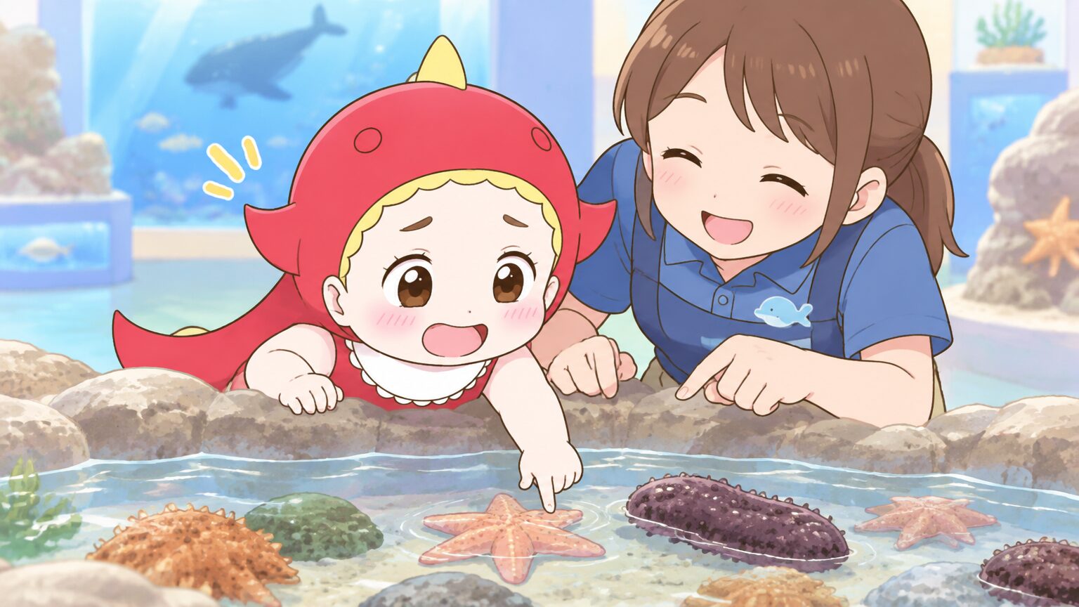 タッチプールでヒトデやナマコにおそるおそる指を伸ばす3歳児と、隣で励ますスタッフの様子