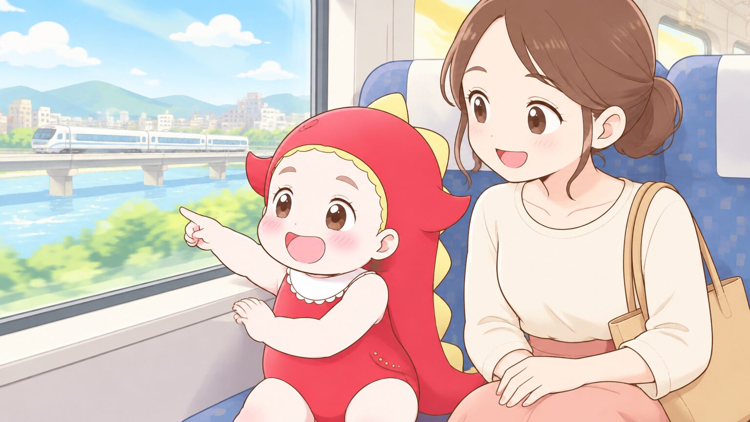 電車の窓から外を眺めて笑顔を見せる3歳くらいの女の子と隣に座る母親