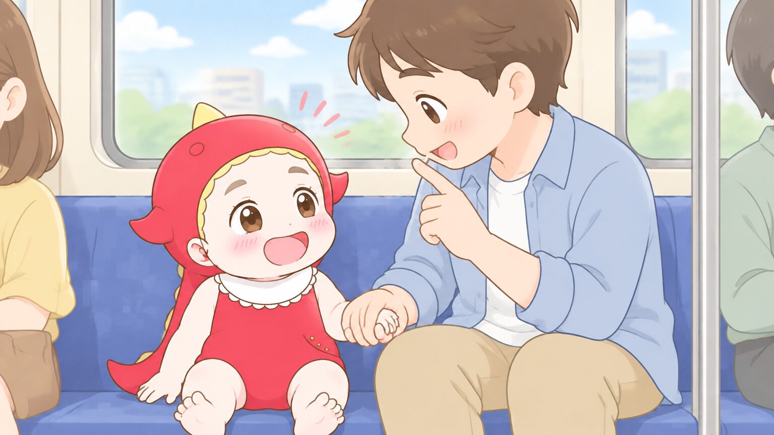 電車の座席で子供の手を優しく握りながら小さな声で話しかける父親