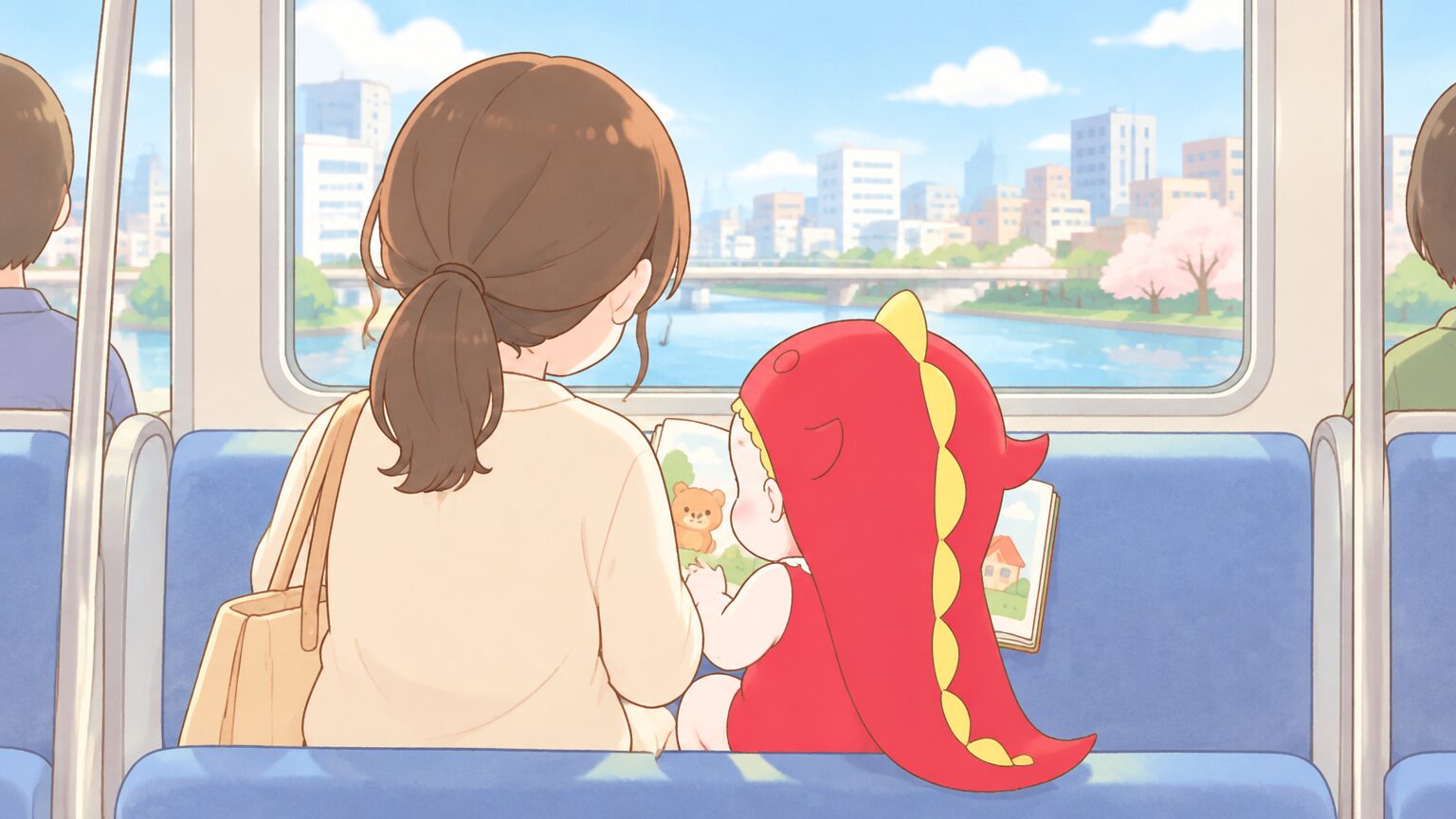 電車の中で絵本を読みながら静かに座っている親子の後ろ姿、車窓から見える街並み