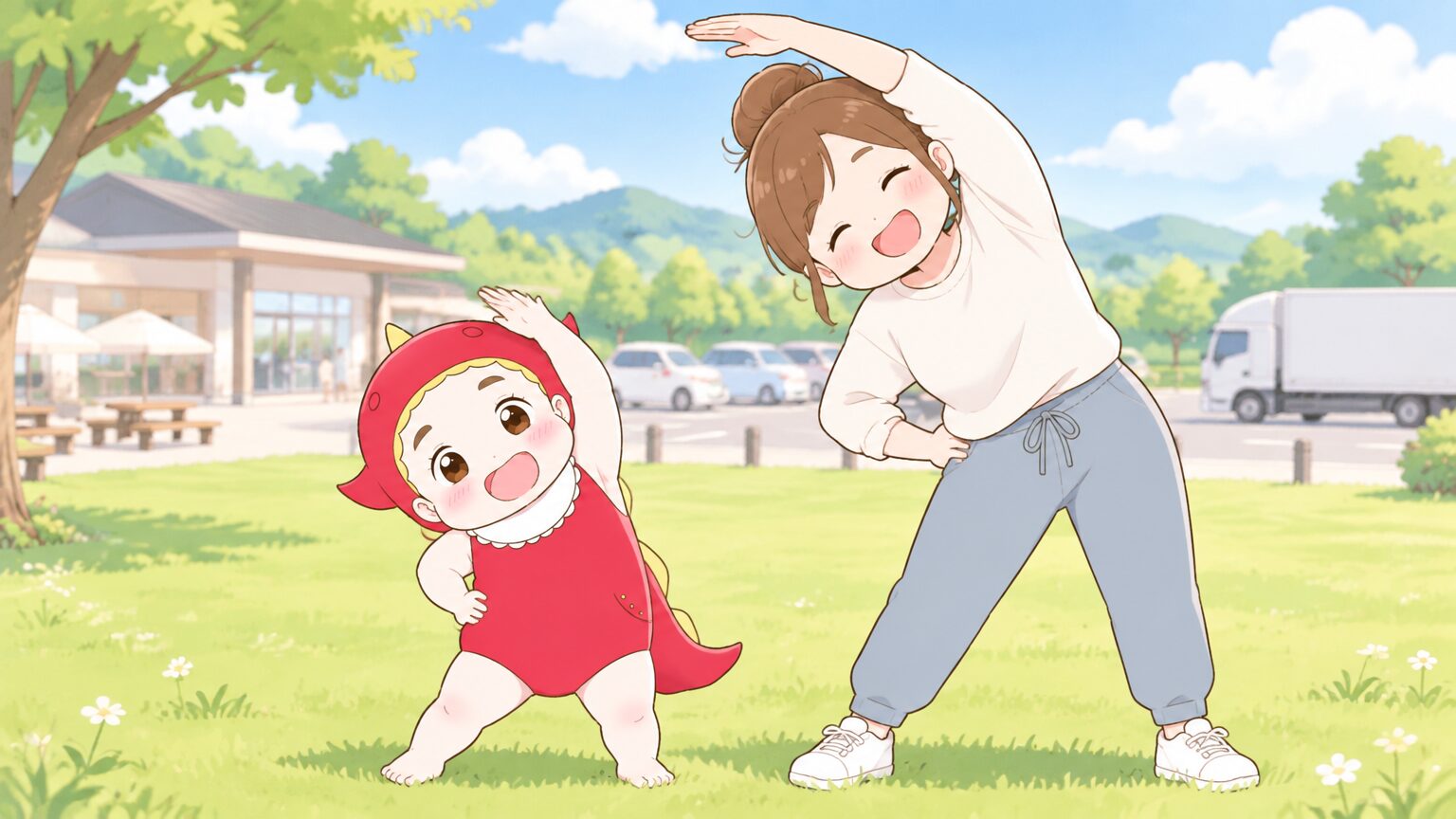 サービスエリアの芝生広場で親子が一緒にストレッチをして体をほぐす様子