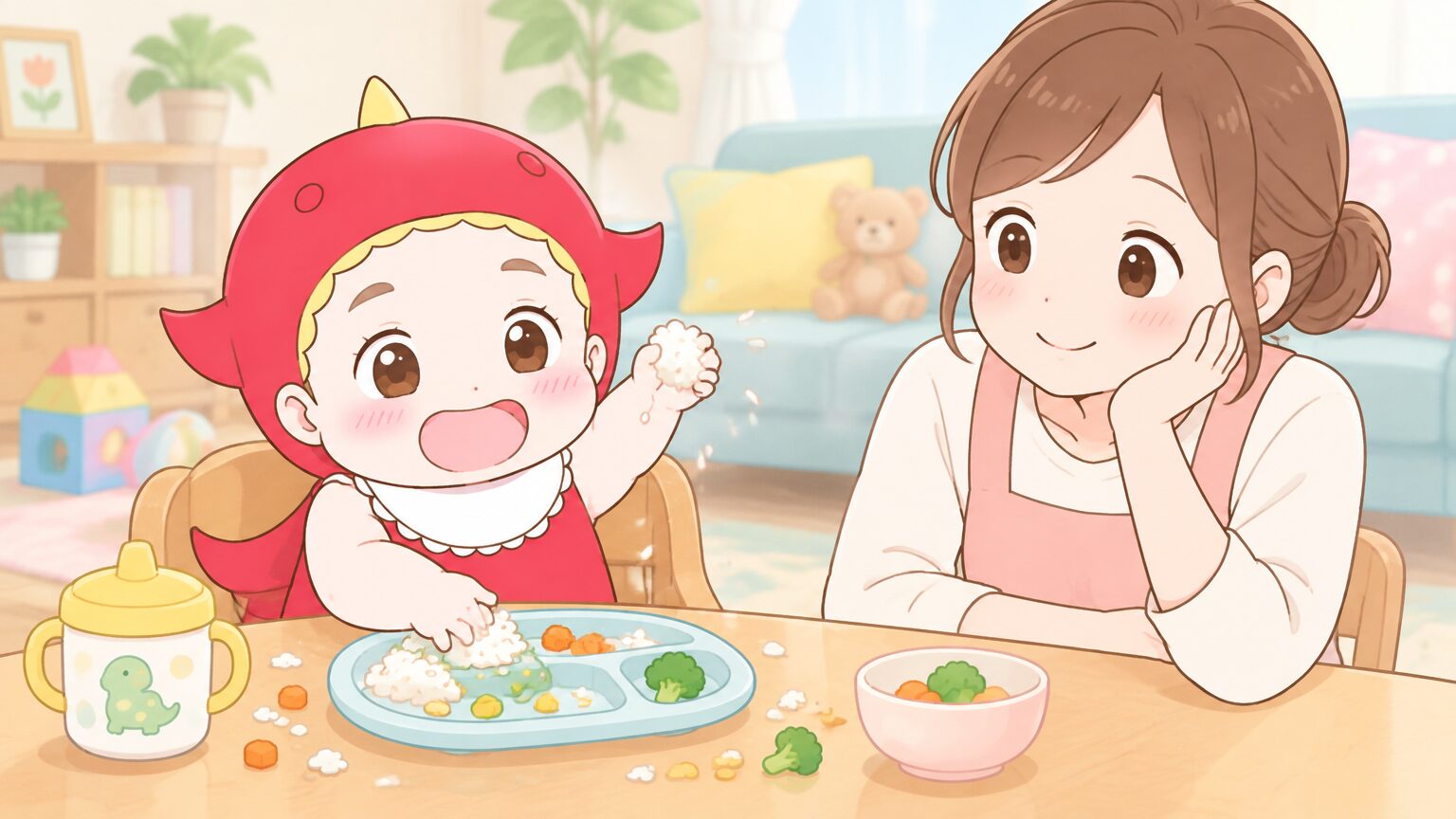 リビングのテーブルで少量のごはんを前に遊び食べをする2歳児と、見守る母親の穏やかな表情