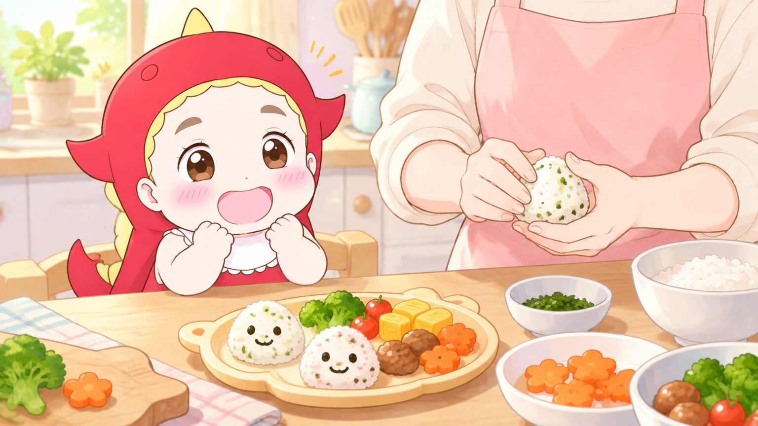 キッチンで小さな子ども用のおにぎりやおかずを丁寧に準備する親の手元、温かみのある自然光の中で