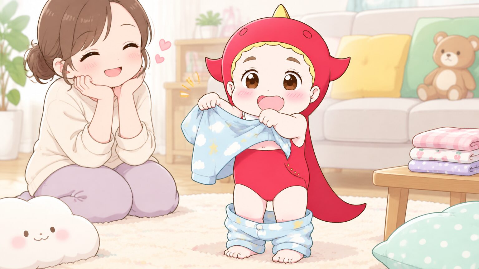 リビングで3歳児が自分でパジャマに着替えようとしている微笑ましい様子、見守る母親の温かい表情