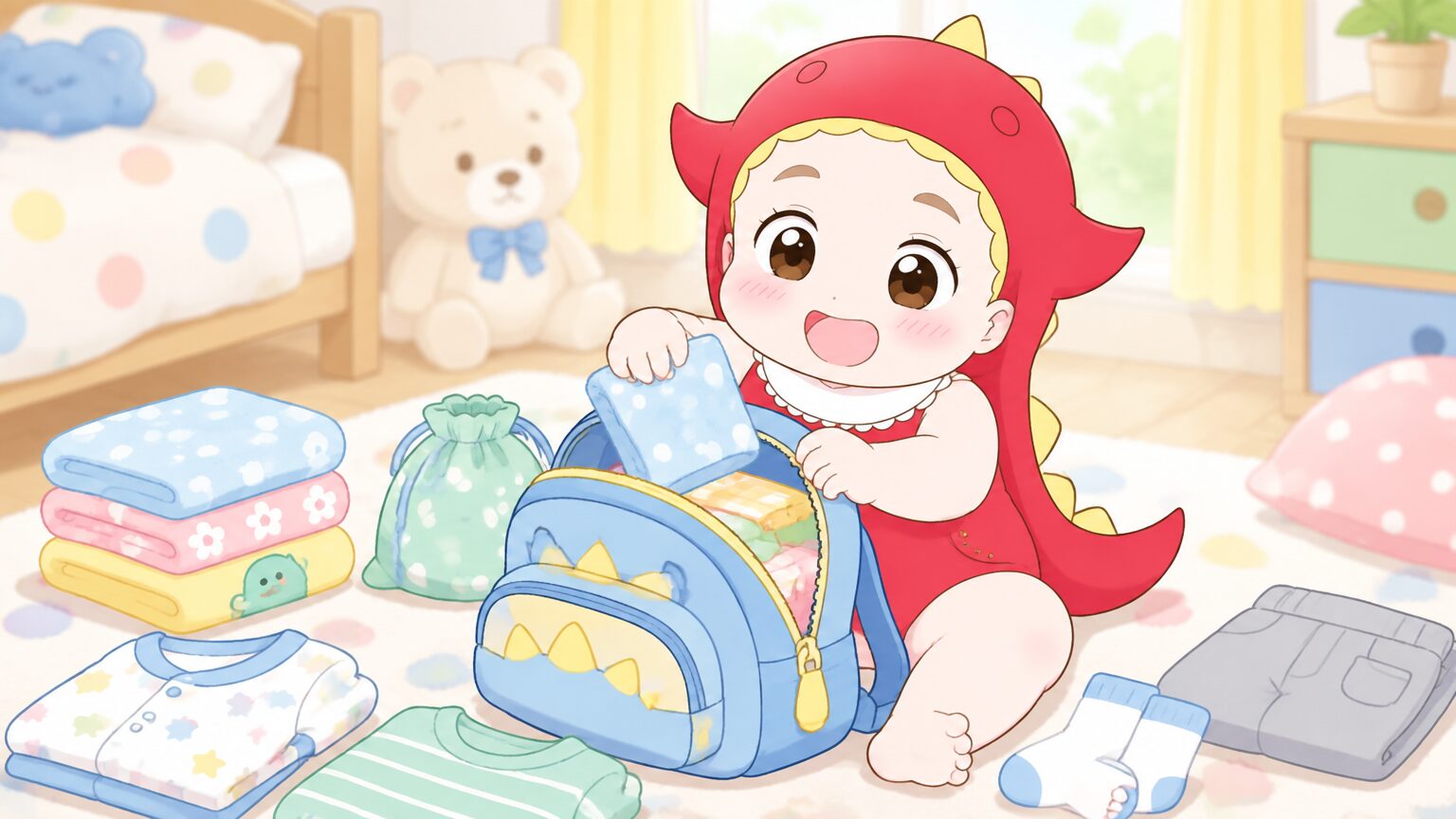 小さなリュックサックに自分の荷物を詰め込む3歳児の手元、カラフルな子ども用タオルや着替えが並ぶ様子