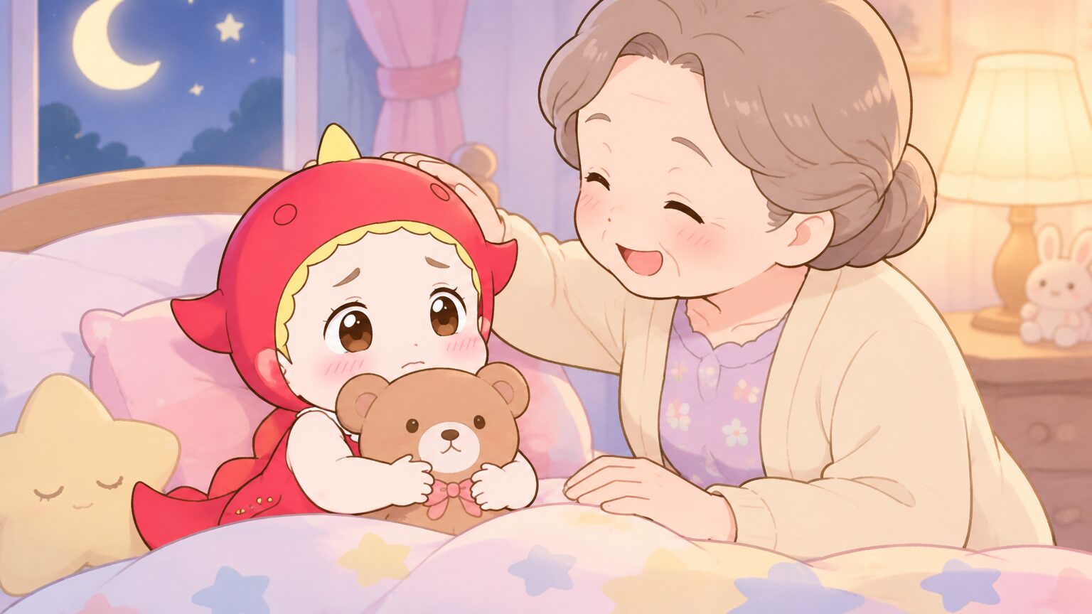 夜の寝室でぬいぐるみを抱きしめながら少し不安そうな表情を見せる3歳児と、優しく声をかける祖母の姿