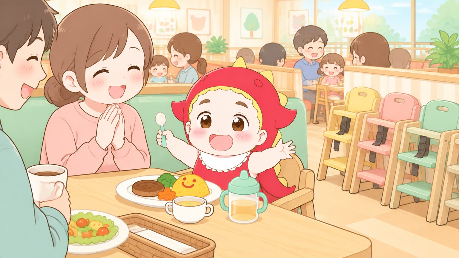 家族連れで賑わうカジュアルなファミリーレストランの店内、子ども用椅子が並ぶ様子