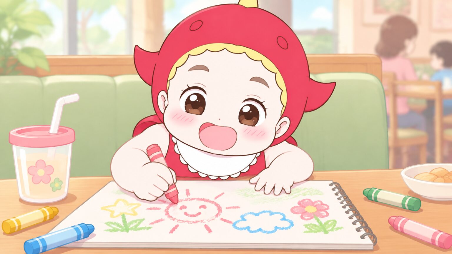 レストランのテーブルでお絵描き帳とクレヨンを使って遊ぶ子どもの手元アップ