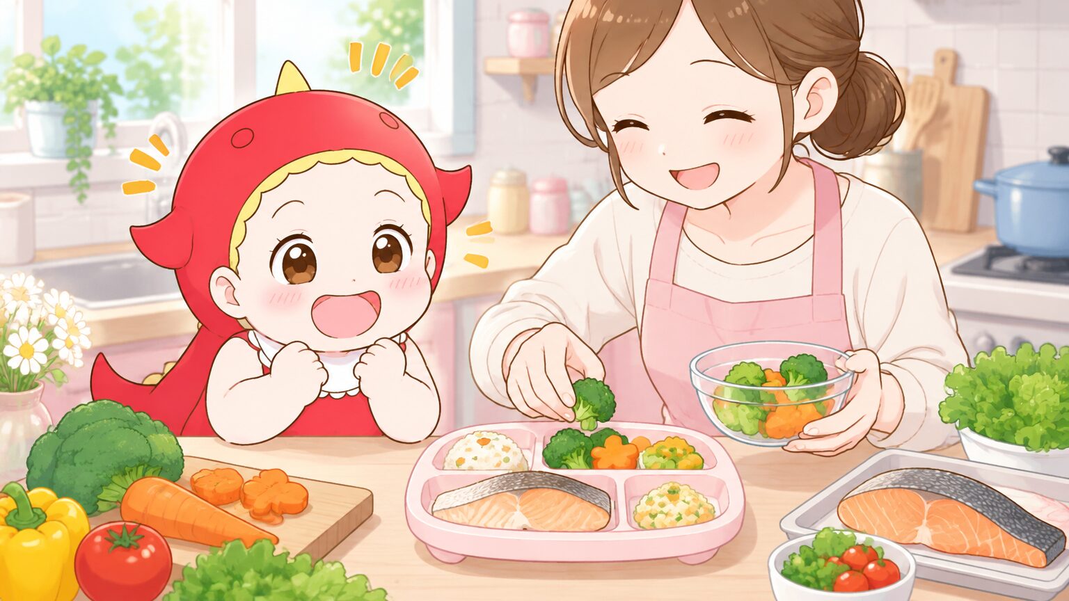 明るいキッチンでカラフルな野菜と魚を使った幼児食を用意する母親の手元