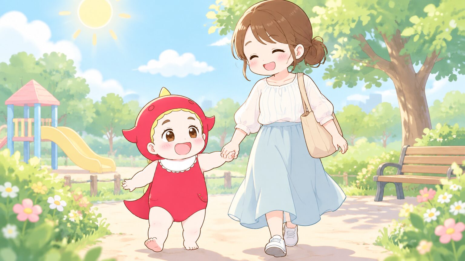 公園で親子が手をつないで日差しの下を歩いている様子