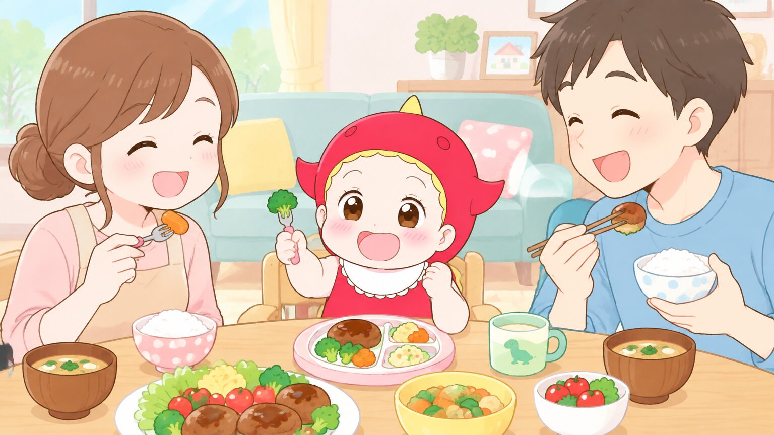 リビングで子どもと一緒に笑顔で食事を楽しむ家族の様子