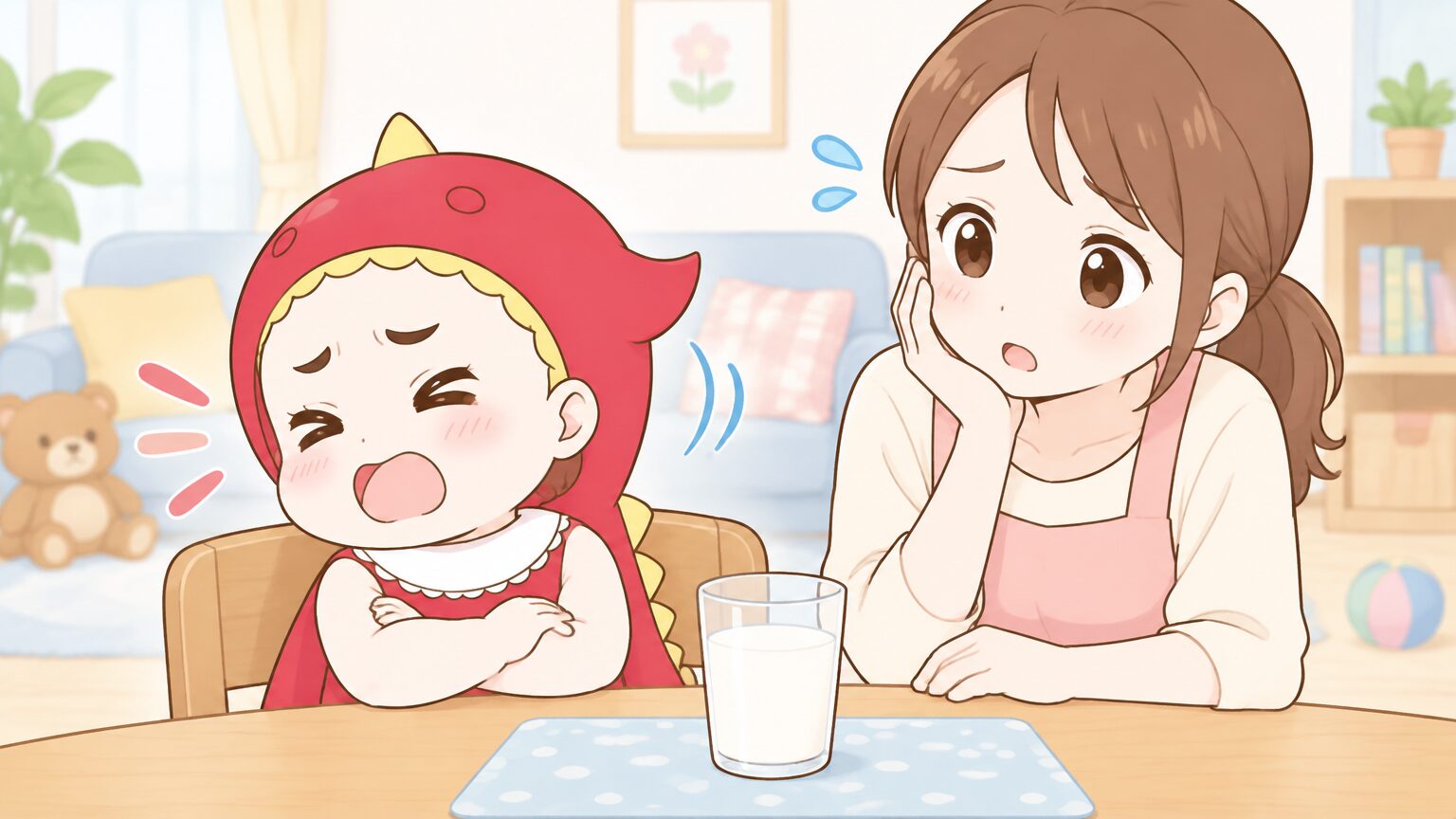 リビングのテーブルでコップの牛乳を前に顔をそむける3歳くらいの女の子と、困った表情で見守る母親