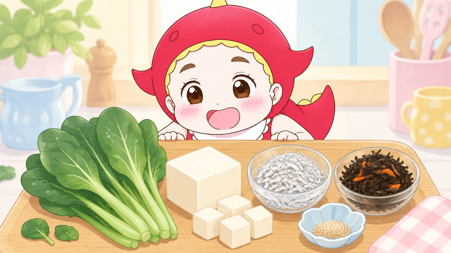 まな板の上に並んだ小松菜、豆腐、しらす、ひじきなどカルシウムを多く含む食材の俯瞰写真