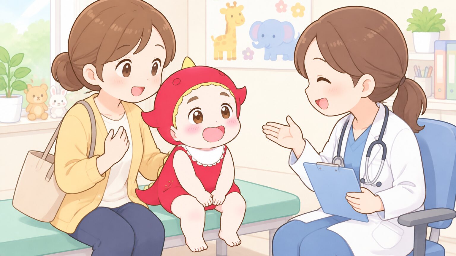 小児科の診察室で医師と向き合い、育児について相談する母親と隣に座る子ども