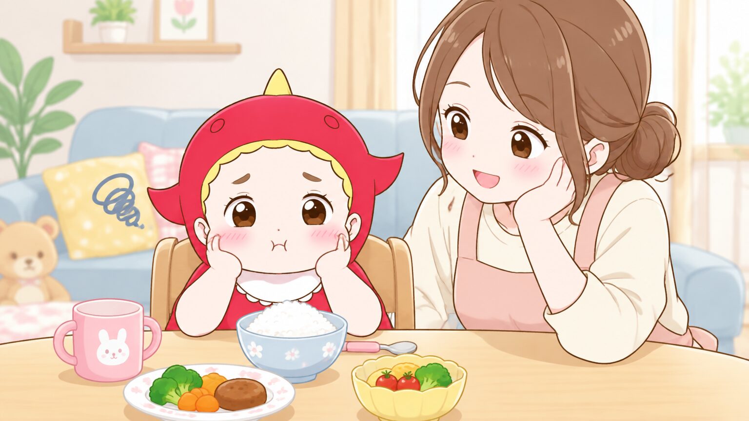 リビングのテーブルで白いごはんを前に困った表情を浮かべる3歳くらいの女の子と、隣で優しく見守る母親