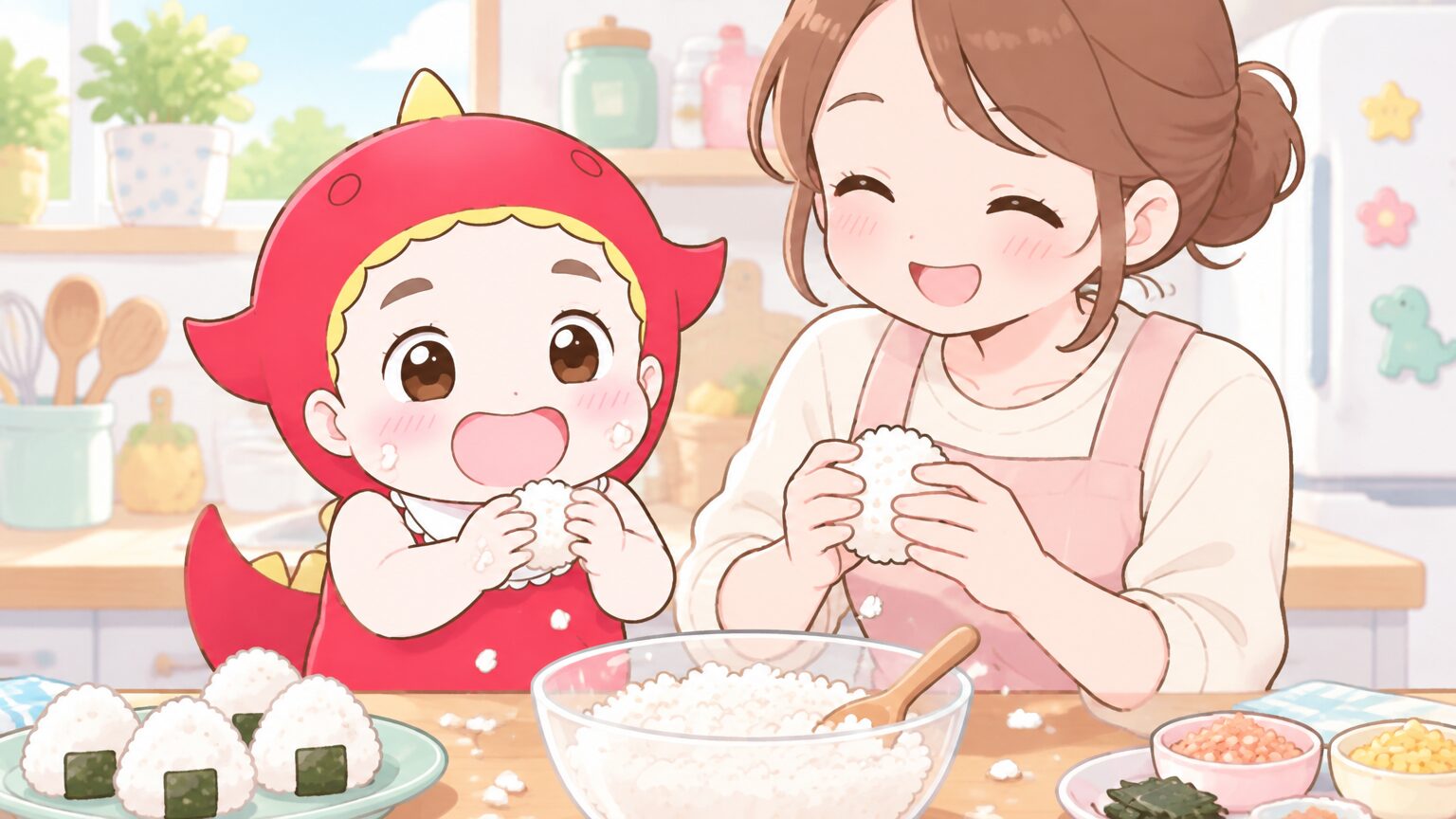 キッチンで小さなおにぎりを一緒に握る親子の手元、笑顔でこぼれるご飯粒
