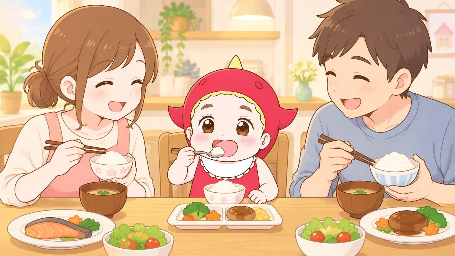 ダイニングテーブルで親子が笑顔で食事を楽しんでいる様子、温かい照明の中で会話をしながら食べている風景