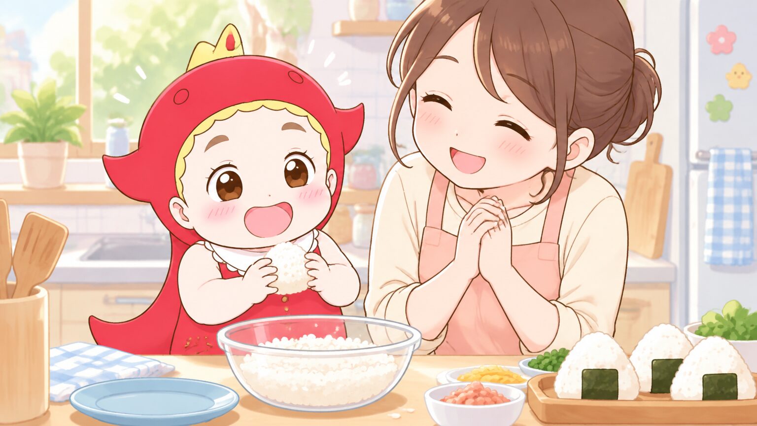 キッチンで小さな手でおにぎりを握る3歳の子どもと、隣で見守る母親の笑顔の様子