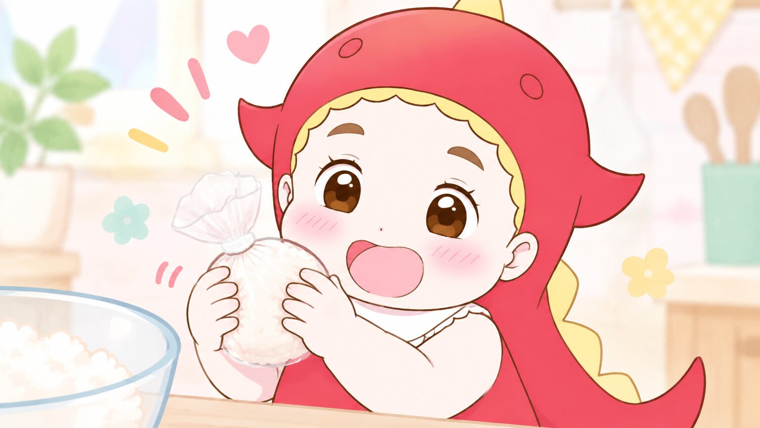 ラップに包まれたご飯を優しく握る子どもの小さな手のクローズアップ