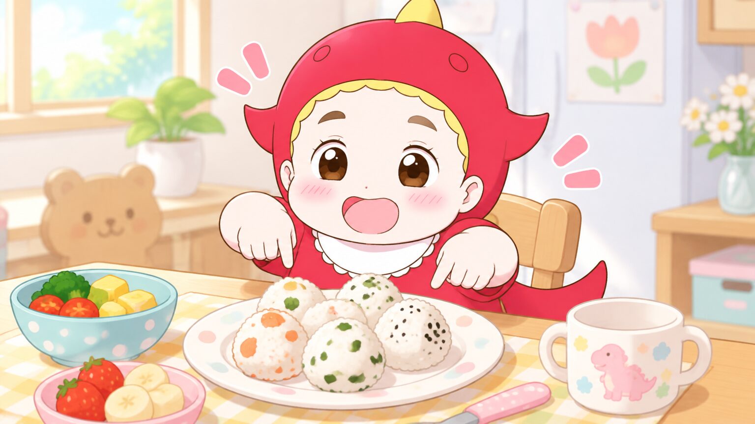 完成した丸いおにぎりを並べて嬉しそうに指をさす3歳児の食卓の風景