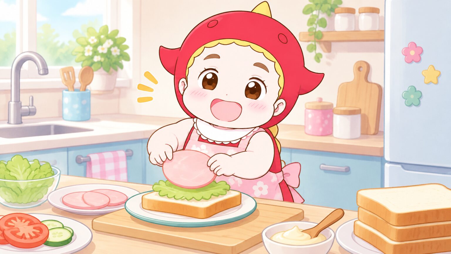 エプロン姿の3歳児がキッチンでパンにハムを挟んでいる楽しそうな様子