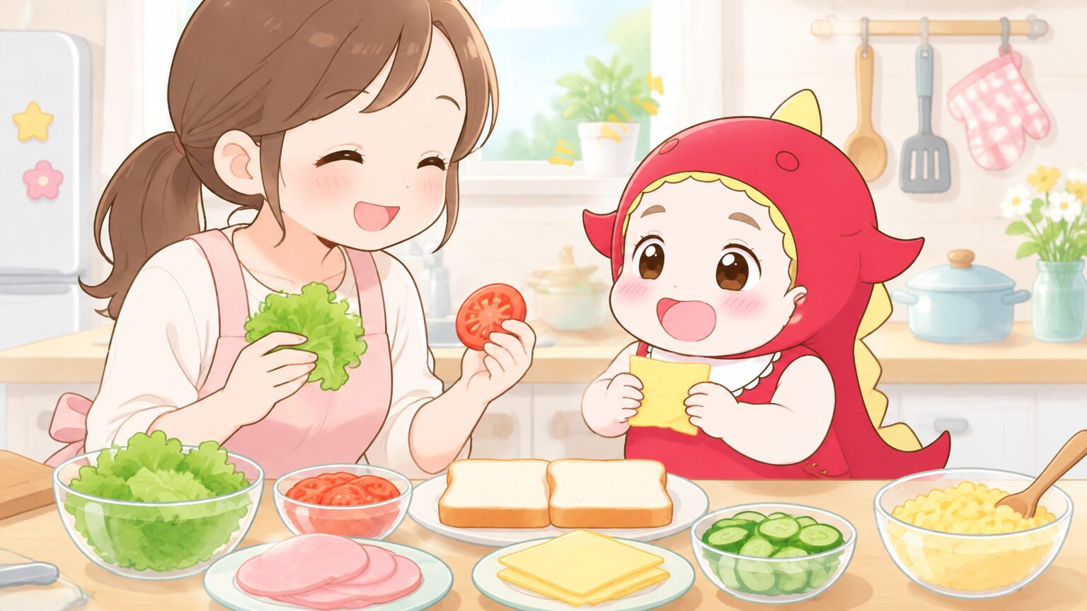 親子で向かい合い、具材を選びながら笑顔で会話するキッチンの様子