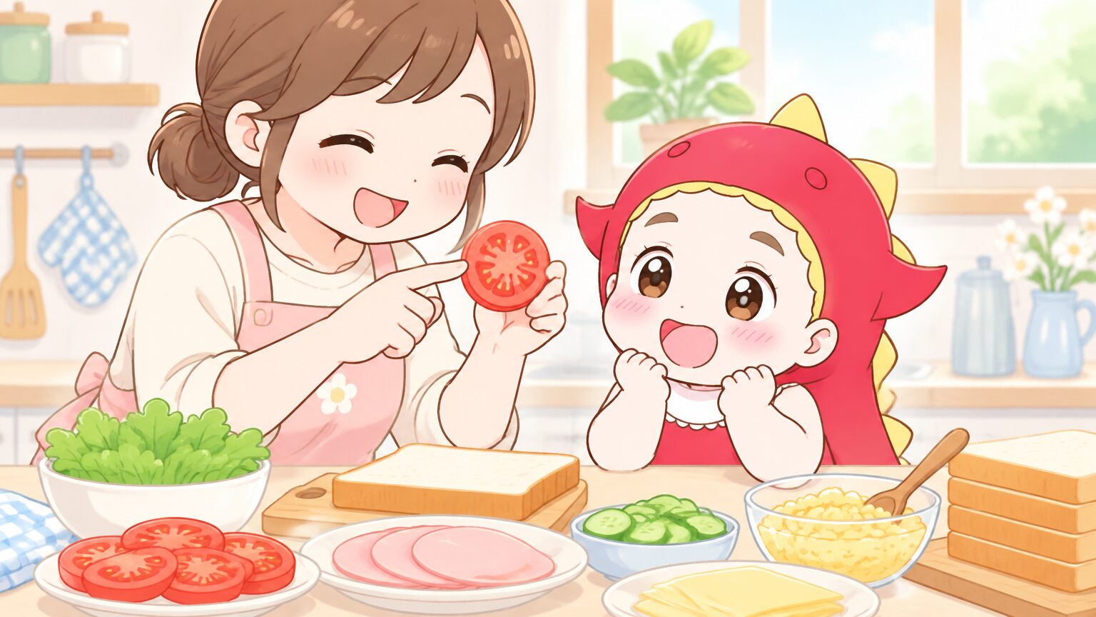 親が具材を見せながら子どもに優しく説明している安心感のあるキッチンシーン