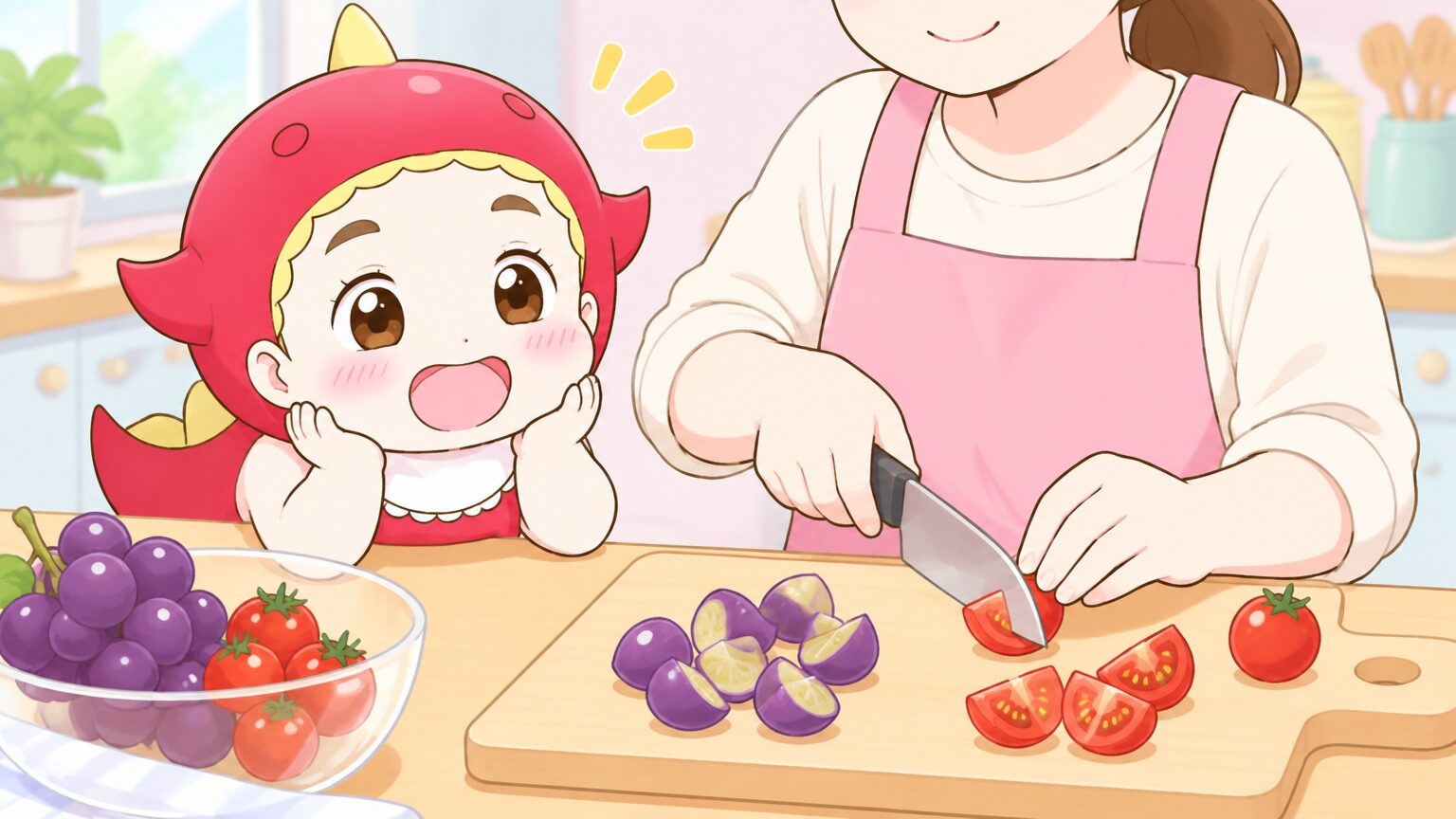キッチンでカッティングボードの上に置かれたぶどうとミニトマトを4等分にカットする母親の手元