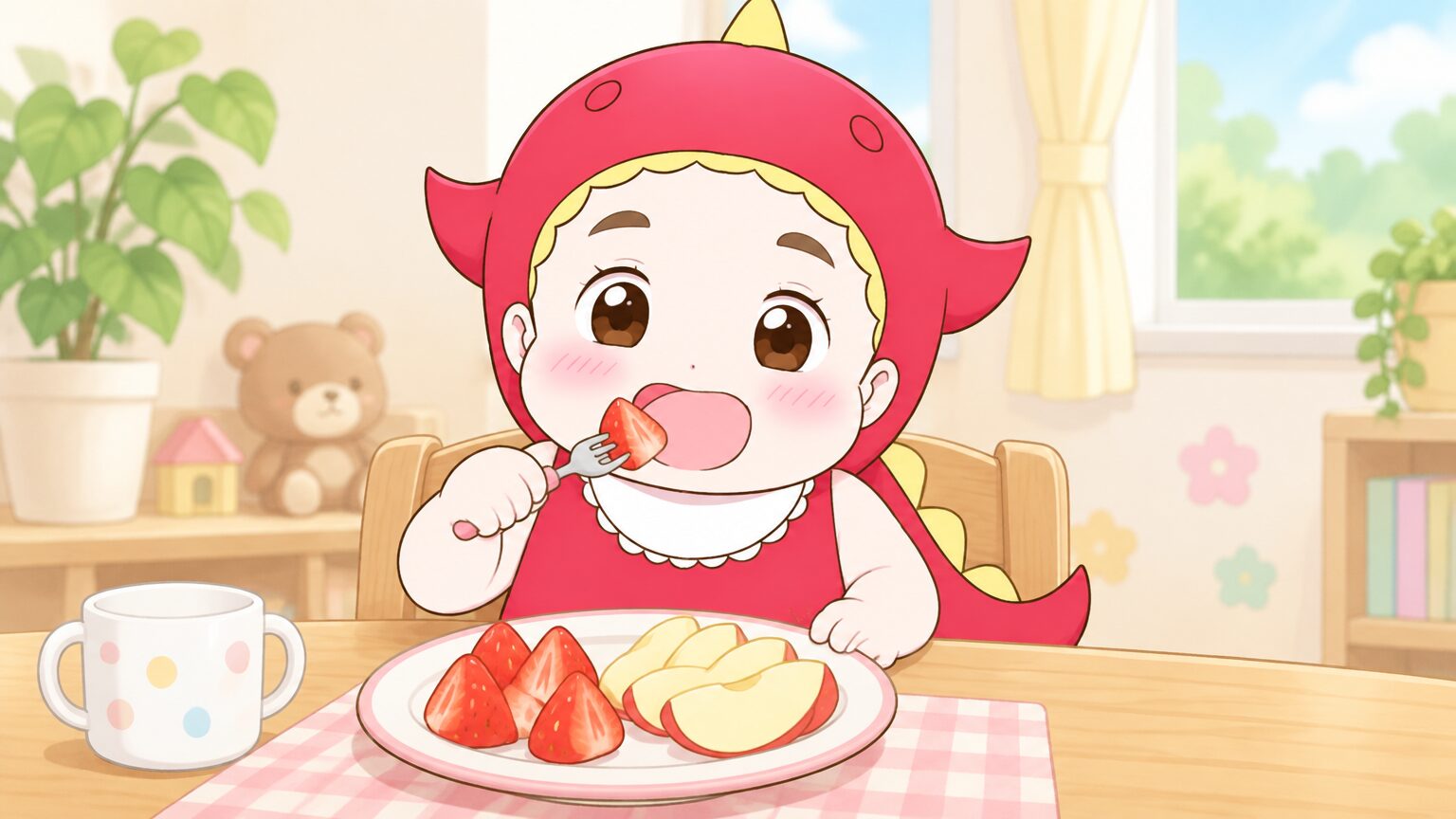 木製のテーブルで小さな子どもが自分でフォークを使ってカットされたいちごとりんごを食べている様子